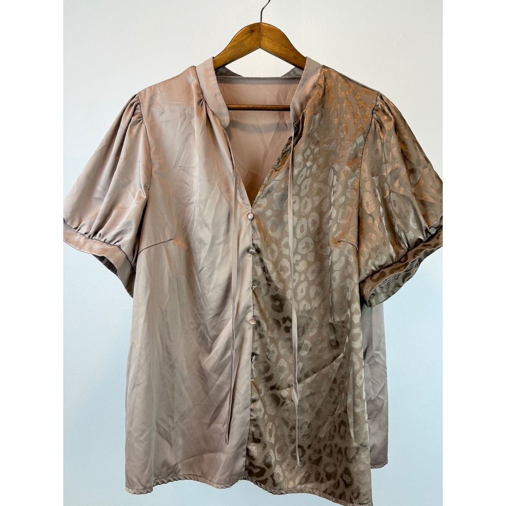 SHEIN Curve‎ Blouse Women 4XL Mauve Leopard Print Satin Puff Sleeve Top Chic - Picture 2 of 11